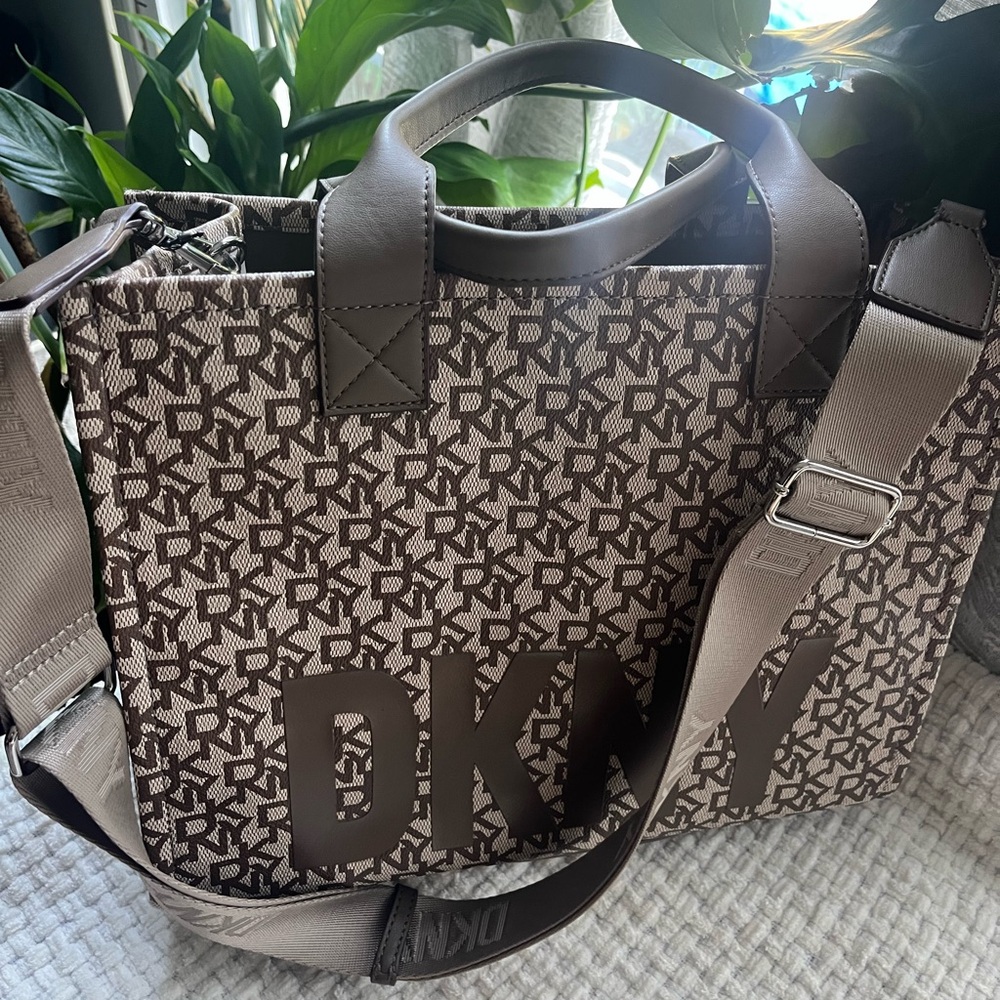 DKNY Tan and Brown Monogram Messenger Bag